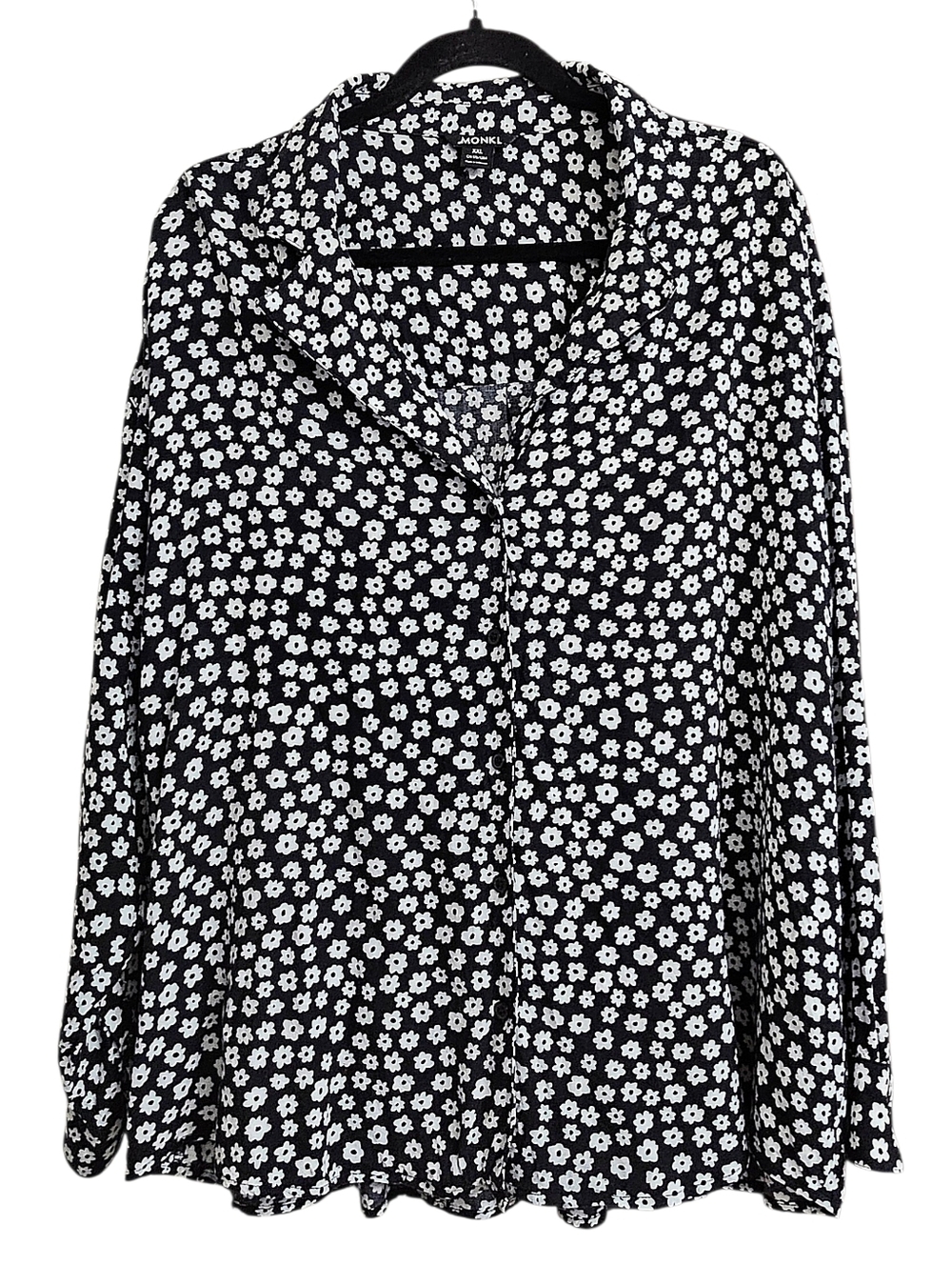 Monki Women's Black & White Floral Rayon Double Collar Button Down Blouse XXL